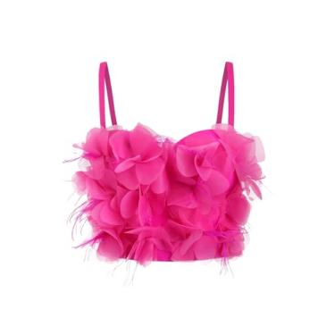 Imagem de BEAUDRM Camiseta feminina 3D floral alças finas para festa concerto cropped top slim fit cami top, Rosa choque, PP