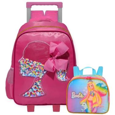 Imagem de Mochila Escolar Infantil Com Rodinha G Rosa Kit Mochila Boneca Laço 3D Meninas Rodinhas Impermeável Lancheira Térmica