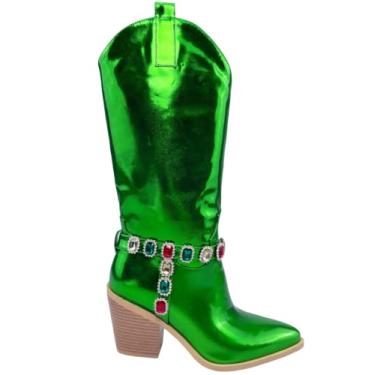 Imagem de Frankie Hsu Botas femininas Western Gem vermelho amarelo verde cowboy cano alto metal verde amêndoa média grosso salto grosso strass moda cristal clássico panturrilha larga bota tamanho grande, Verde,