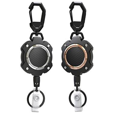 Imagem de LIUGX Pacote com 2 chaveiros retráteis, chaveiros de mosquetão resistente, mais de 10.0000 rebote, carretéis de crachá de identificação de resistência a impactos com corda de fio de 80 cm e chaveiro, até 227 g, anel de alumínio, textura de fibra de carbono