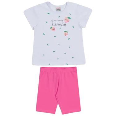 Imagem de Conjunto curto infantil camiseta branco estampado e shorts ciclista rosa pink liso