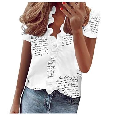 Imagem de Camiseta feminina com babados e gola V para verão, outono, sem mangas, manga curta, flores 2024, A-822 Branco, XG