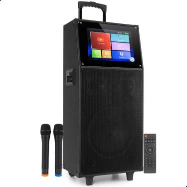 Imagem de Kit Karaokê Completo Caixa de Som Bluetooth Android Wi-Fi Tela Touch 2 Microfones Bateria  Portátil Y030