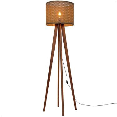 Imagem de Luminária de Chão Madri com Pés de Madeira e Tela Indiana Teca Marrom 158cm
