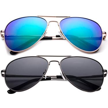 Imagem de Óculos de sol polarizados para crianças, adolescentes, adolescentes, aviador, polarizado, armação de aço inoxidável, dobradiça de mola, proteção UV, Pacote com 2 - flash verde e bronze / fumê, Medium
