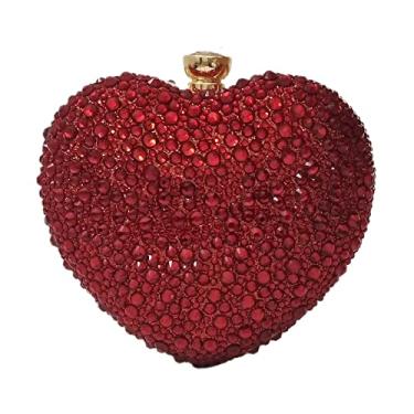 Imagem de Linda bolsa clutch em forma de coração mini bolsa de mão de casamento com strass coração de amor bolsa feminina para festa, Vermelho