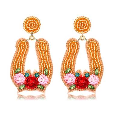 Imagem de Brincos Derby com contas para mulheres, feito à mão, ferradura ocidental com flor brincos Derby Day Corridas de Cavalos Brincos Pingente Pingente Derby Joias Presentes, Zinco, Sem pedra preciosa
