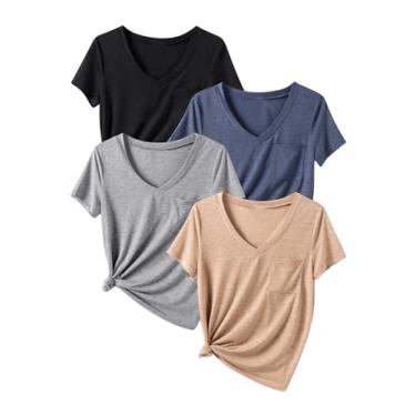 Imagem de SOLY HUX Camiseta feminina de 4 peças, gola V, manga curta, bolso frontal, lisa, camiseta de verão, Multicolorido., G