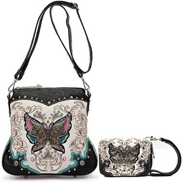 Imagem de Bolsa de ombro única feminina com estampa de flor de borboleta, bolsa de ombro única, Conjunto nº 2 preto