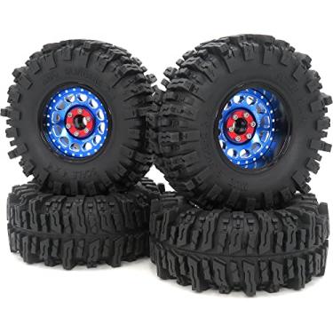 Imagem de HOBBYSOUL RC 2.2 Mud Slingers Tires 124mm & 2.2 Beadlock Wheels Adjustable 4 Offsets Rims Black Blue for RC Mud Crawler Trail Gen8 Everest 10 gen 7 Pro/Axial Capra Wraith / TRX4, (4-Pack, Assembled)