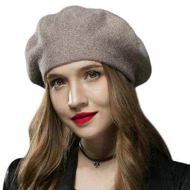 Imagem de Sumolux Boina feminina de lã francesa gorro clássico cor sólida outono inverno chapéus, Café, Tamanho Único