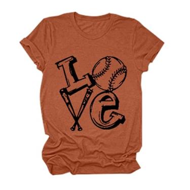 Imagem de Camiseta feminina com estampa de beisebol, caimento solto, gola redonda, túnica de manga curta, camiseta de beisebol de verão, Laranja, GG