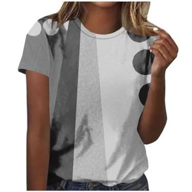 Imagem de MaMiDay Camiseta feminina estampada de patchwork 2024 verão moderna manga curta gola redonda camiseta pulôver leve macio, Cinza, XXG