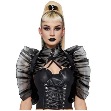 Imagem de L'VOW Fantasia feminina gótica estilo xaile de ombro vintage malha capa de couro gola de Halloween malévola (preto)