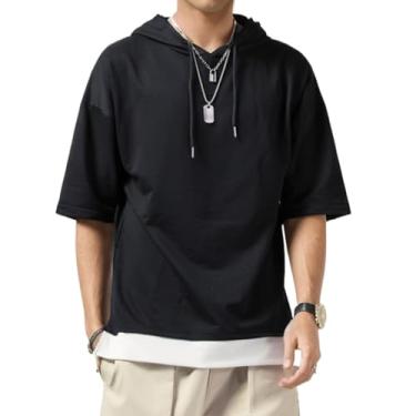 Imagem de Covisoty Camiseta masculina de manga curta com capuz de algodão macio com absorção de umidade, casual, patchwork, moletom com capuz unissex, Preto, XX-Large
