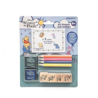 Imagem de Kit de Pintura Infantil Ursinho Pooh c/ 4 Carimbos, 4 Lápis de Cor, 1 Bloco + 2 Almofadas de Tinta Leo&Leo