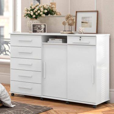 Imagem de Cômoda de Madeira Lukaliam Max New 6 Gavetas 2 Portas Sapateira Com Rodizios Branco