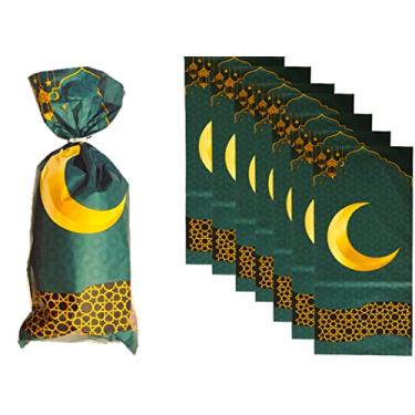 Imagem de Islamic Gifts 123 Eid Mubarak Sacos de presente de festa (50) Sacos de presente com estampa de tema do Ramadã Sacos de presente de plástico celofane Goodie Ramadan com laços torcidos prateados (50)