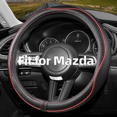 Imagem de CACAWIZ Capa de volante de carro para Mazda, serve para Mazda 3, Mazda 6, Mazda 5, CX-50, acessórios automáticos para Mazda, couro premium, design esportivo, vermelho