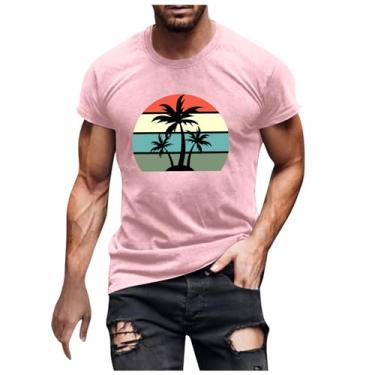 Imagem de Camiseta masculina com estampa fofa de verão, floral, abotoada, tropical, férias, praia, gola V, camisetas masculinas, rosa, GG