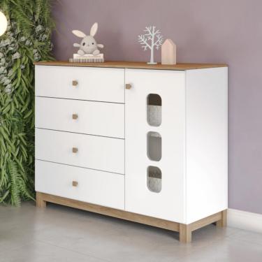 Imagem de Cômoda Infantil 1 Porta 4 Gavetas Aconchego Henn - Branco/Jequitiba HP