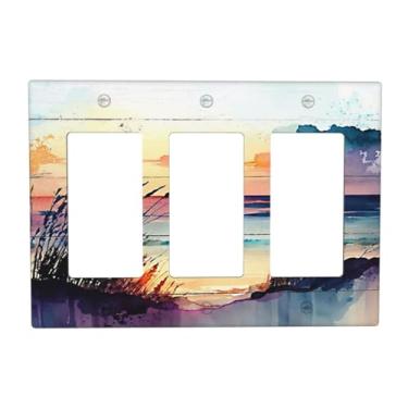 Imagem de Wpshijia Capa de interruptor de luz pôr do sol praia abstrata aquarela 3 gangues placa de interruptor de luz tripla natureza balancim litoral GFCI capas de tomada decorativa capa de receptáculo para