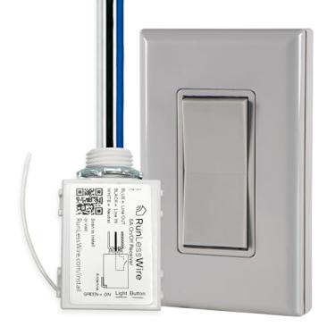 Imagem de RunLessWire Kit de interruptor de luz sem fio DIY de polo único sem bateria de 45,7 m alcance RF autoalimentado por energia cinética para luminárias e tomadas: 1 controle remoto 1 receptor liga
