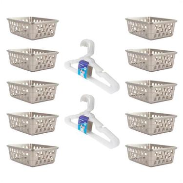 Imagem de Kit 10 Cestos 16x12x6Cm Cinza e 10 Cabides Infantis Transp - 123 Organ
