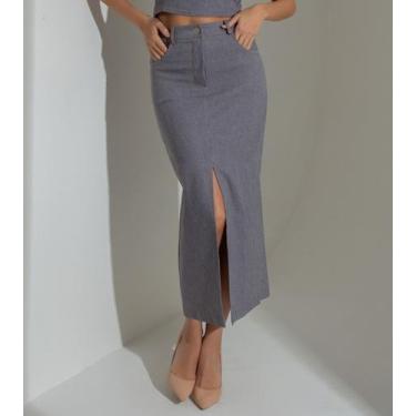 Imagem de Saia midi susie com fenda jeans  - Susie Modas, G, Cinza
