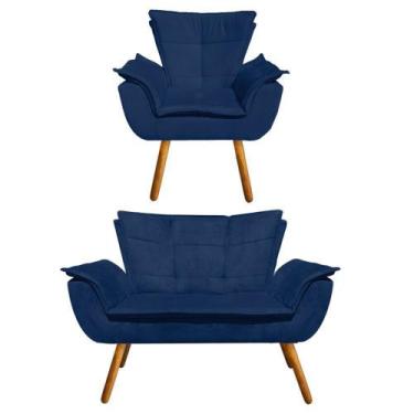 Imagem de Kit Sofá Retrô Namoradeira e 01 Poltrona Opala Suede Azul Marinho - D'