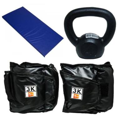 Imagem de Kit Colchonete Azul+ Par de Caneleira 3Kg + kettlebell Pintado 4kg - 1