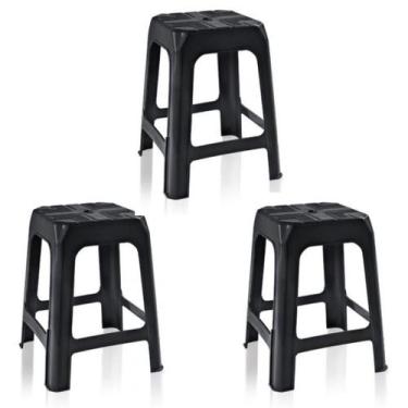 Imagem de Conjunto kit 3 banquetas bancos banquinhos plásticos empilháveis preto