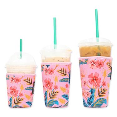 Imagem de Capa de café gelado Baxendale para copos de bebidas frias, pacote com 3 capas de neoprene para bebidas frias, reutilizável, compatível com Starbucks Dunkin (3 pacotes Sm-Med-Lg, Pink Floral #2)
