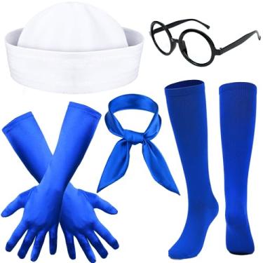 Imagem de Matiniy 5 peças de fantasia de marinheiro de Halloween, incluindo chapéu de marinheiro, cachecol, meias, óculos para homens e mulheres, personagem de desenho animado, Azul, G