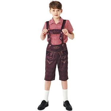 Imagem de IBTOM CASTLE Conjunto de fantasia infantil para meninos Oktoberfest Lederhosen com shorts alemão bávaro e festival de cerveja de Halloween, Vermelho, 8-10 Anos