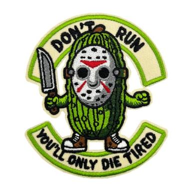 Imagem de Patch de filme de terror, Don't Run You'll Only Die Tired, Holloween Horror Pickle Jason bordado a ferro no patch, presentes de pickle, presentes de filme de terror