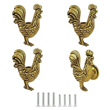 Imagem de Puxadores de frango, puxadores de galo para armário e gavetas, puxador decorativo em forma de galo de metal de zinco dourado para armário de cozinha, armário, cômoda, ferragens para móveis, 4 peças