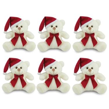 Imagem de 6 Ursinhos de Pelúcia Papai Noel 20cm Decoração Natal (Baunilha)