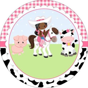Imagem de Painel De Festa Redondo 1,50x1,50 - Vaqueira Rosa com Animais 039 - Vi