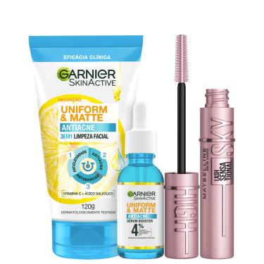 Imagem de Kit Beleza na Web Garnier SkinActive Uniform & Matte Antiacne + Maybelline Sky High (3 Produtos)
