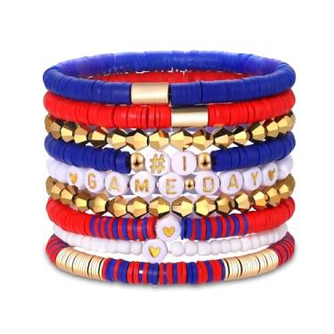 Imagem de VOGUEKNOCK Pacote com 9 pulseiras femininas empilháveis Heishi com contas elásticas para fãs de futebol americano, esportes, jogos, equipes, joias, acessórios, presentes, one size, Vinil, Sem pedras