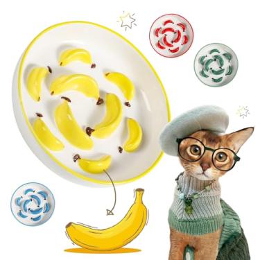 Imagem de Tigela de alimentação lenta para gatos de cerâmica – Tigela de alimentação vibrante para gatos – Prato de comida de labirinto fofo para alimentação lenta – pode ser lavado na lava-louças – 15 cm L x 3
