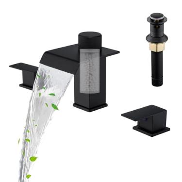 Imagem de Torneiras de banheiro filtradas para pia Torneira de pia de banheiro de 3 furos Filtro de água embutido 20 cm Torneira de banheiro preta ampla com dreno pop-up de metal e linha de suprimento