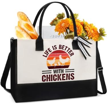 Imagem de SEAOYOZO Presentes para mulheres, ela, mãe, esposa, irmãs, melhores amigas - sacola de lona, bolsa engraçada, presentes de aniversário e Natal, Bolsa de presente de galinha, Large, Bolsa sacola de