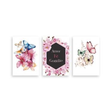 Imagem de Kit 3 Placa Decorativa Quadro Amor Fé Gratidão Floral Borboletas Rosa 