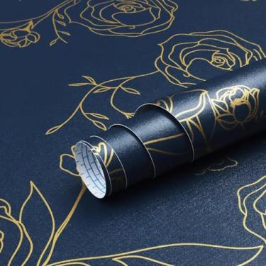 Imagem de Safiyya Papel de parede de 1,498 cm x 43,94 cm Descasque e cole Papel de parede de contato dourado e azul Papel de parede floral removível para quarto