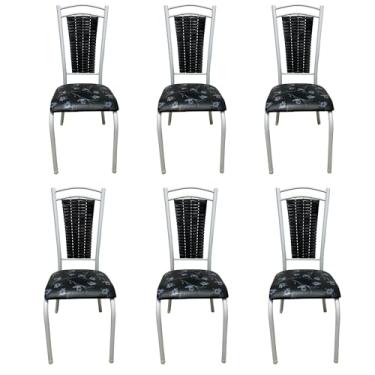 Imagem de Jogo de Cadeira De Cozinha Paris Tubular Branca Aço Estofada Encosto Junco Sala Mesa Jantar 6 unidades (Preto Florido)
