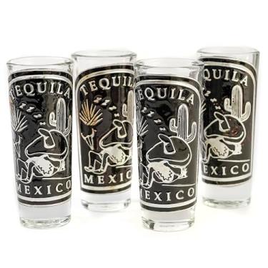 Imagem de MEXTEQUIL Conjunto de copos mexicanos feitos à mão (4 peças) com placa de alumínio Repousse (homem adormecido)