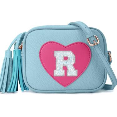 Imagem de OYLOLA Presentes de aniversário para meninas, inicial para meninas, bolsa infantil, bolsas infantis, presentes para meninas, bolsas de coração para meninas, Azul, R