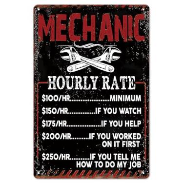 Imagem de Placa de loja mecânica, decoração de quarto de jogador, mecânico, taxa horária, reprodução de sinal de metal vintage para decoração de parede de homem, caverna, carros, oficina ou garagem, 30 x 20 cm